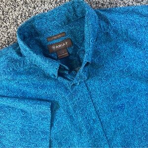Ariat Mens L Teal/Blue Paisley Button Down Short Sleeve Western Rodeo Stretch